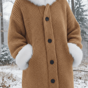 Nodia Faux Fur Trim Hooded Knit Cardigan Coat for Women