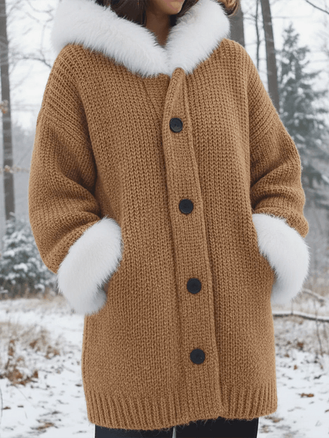 Nodia Faux Fur Trim Hooded Knit Cardigan Coat for Women