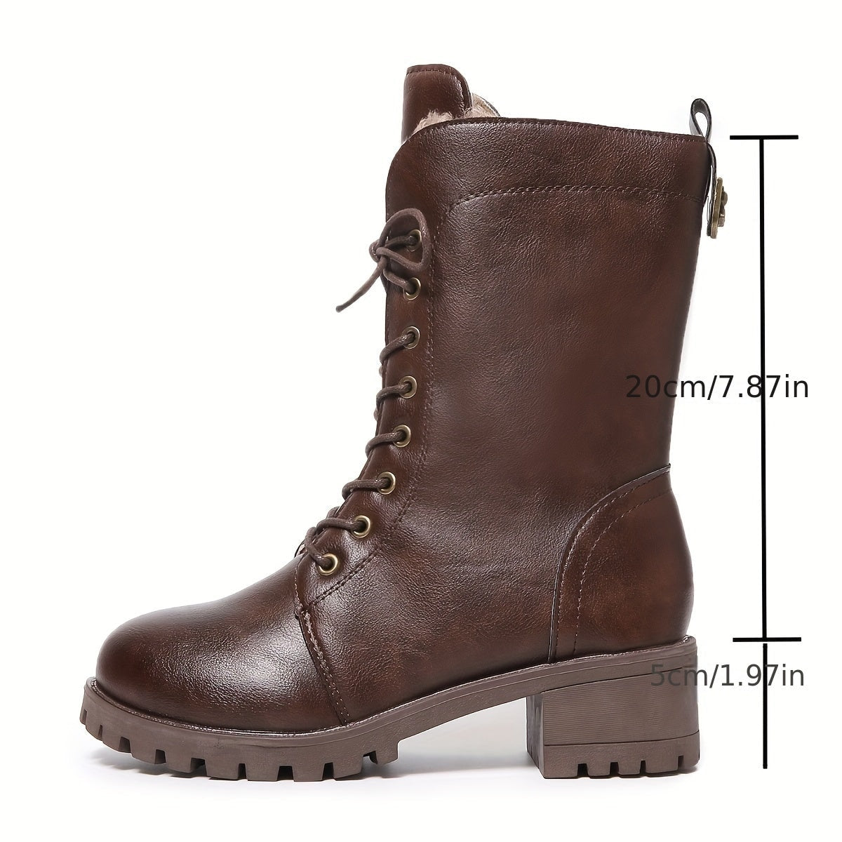Faux Leather Lace-Up Women's Winter Boots with Fleece Lining and Side Zip