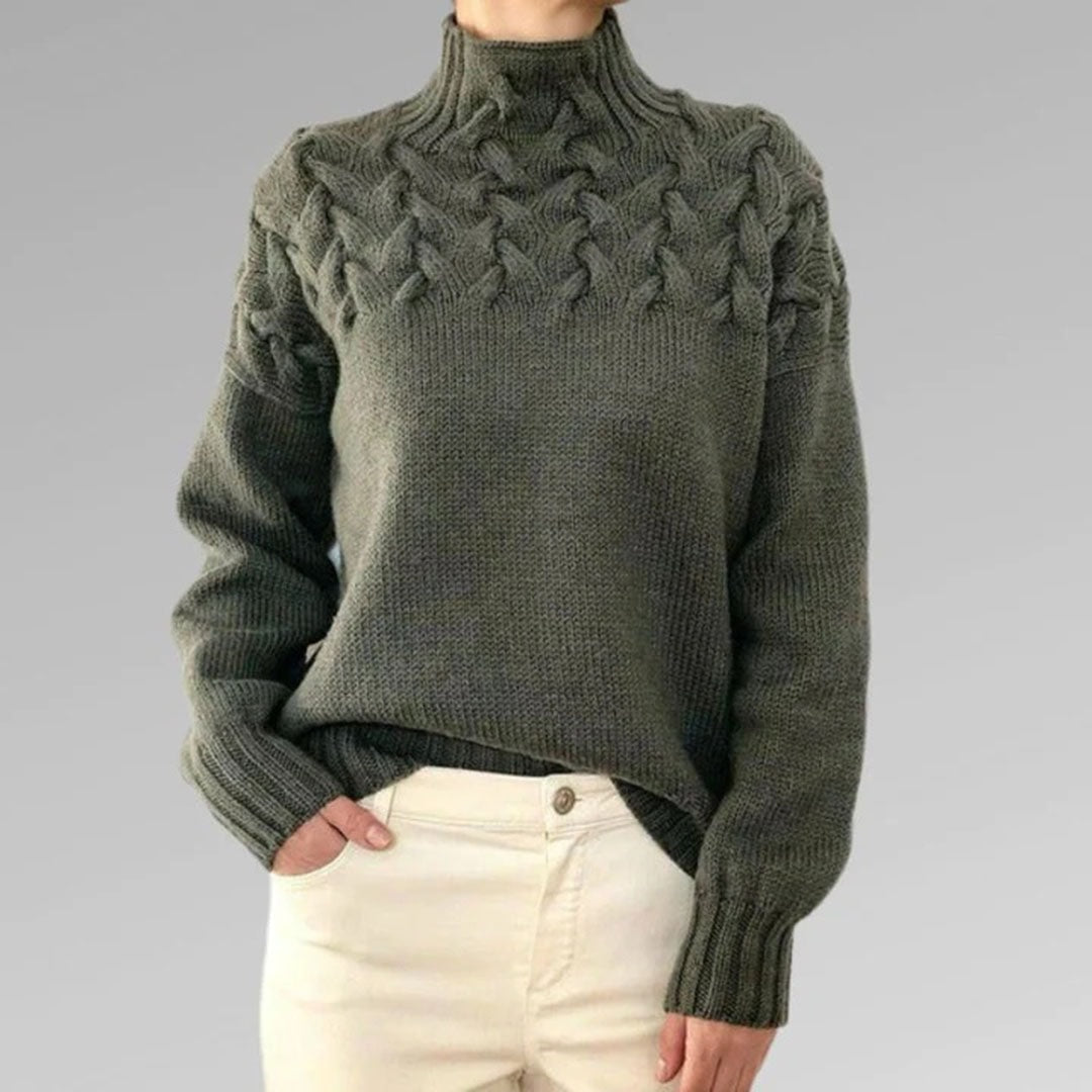Women's Cable Knit High-Neck Jumper with Textured Yoke and Ribbed Cuffs