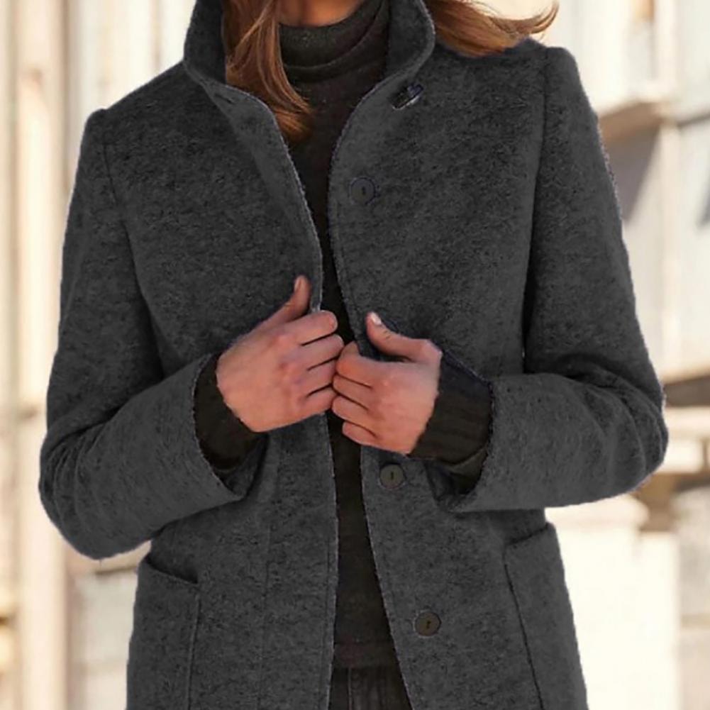 Women's Stand Collar Wool-Blend Winter Coat with Button Front