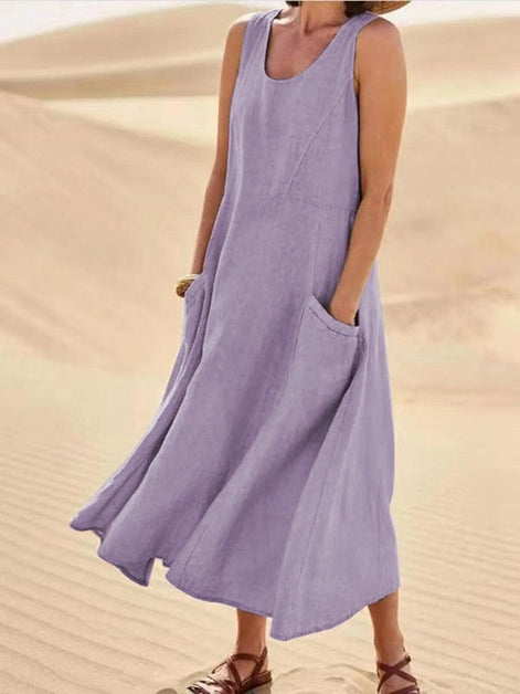 Sleeveless Linen Midi Dress with Pockets for a Christmas Party