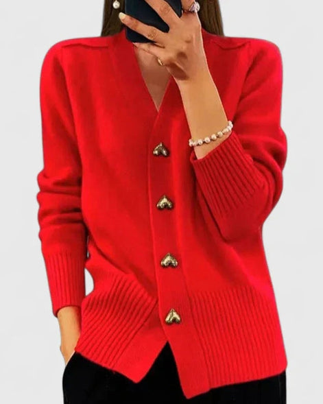 Lillyanne Heart Button V-Neck Women's Knitted Cardigan with Soft Drape