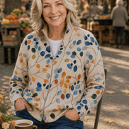 Botanical Print Zip-Up Knit Cardigan with Ribbed Trim