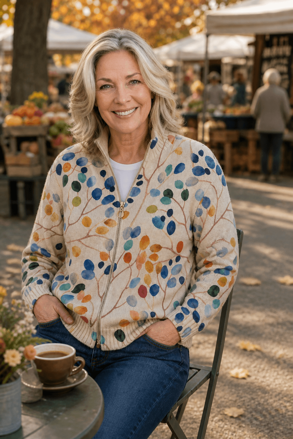 Botanical Print Zip-Up Knit Cardigan with Ribbed Trim