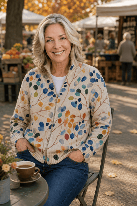 Botanical Print Zip-Up Knit Cardigan with Ribbed Trim