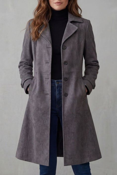 Suede-Effect Longline Coat with Tailored Waist for Women in Winter
