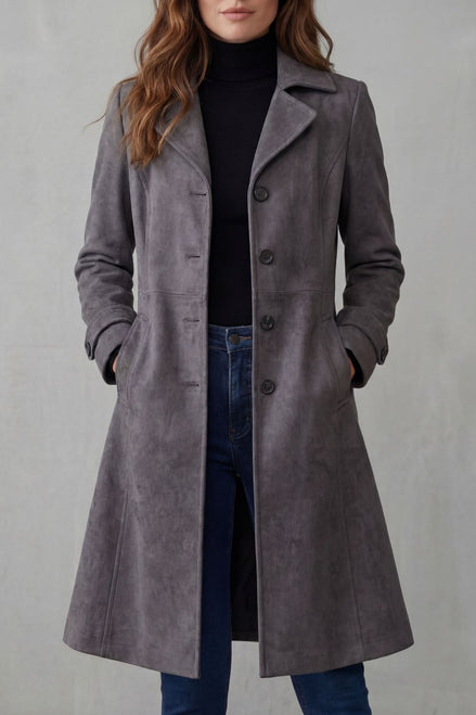 Suede-Effect Longline Coat with Tailored Waist for Women in Winter