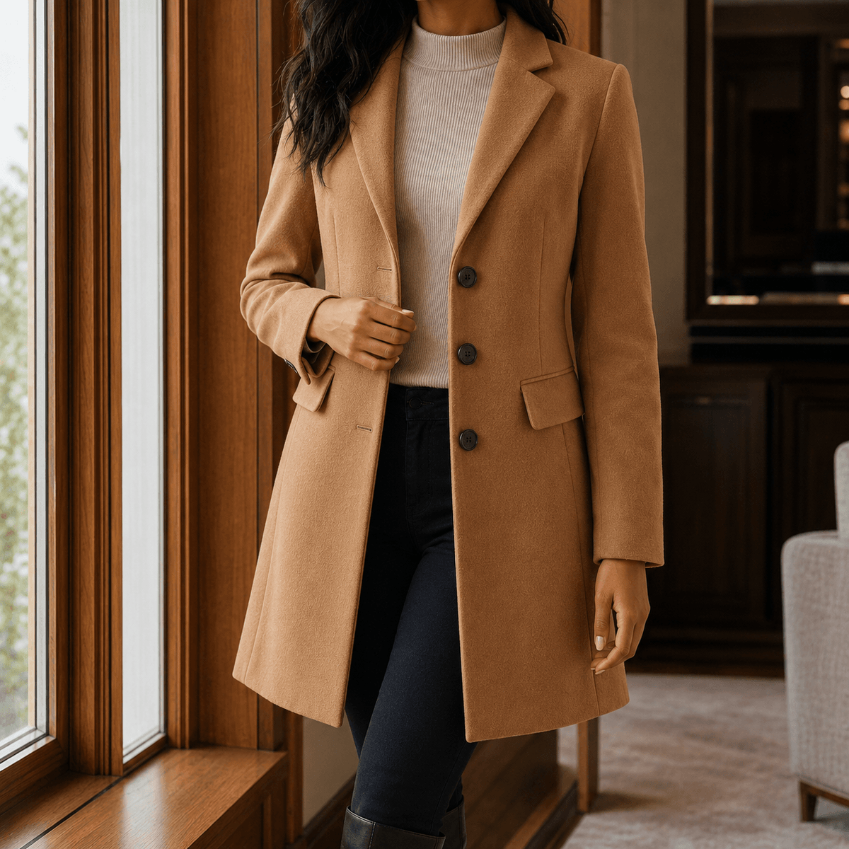 Women's Tailored Wool-Blend Winter Coat with Notched Lapels