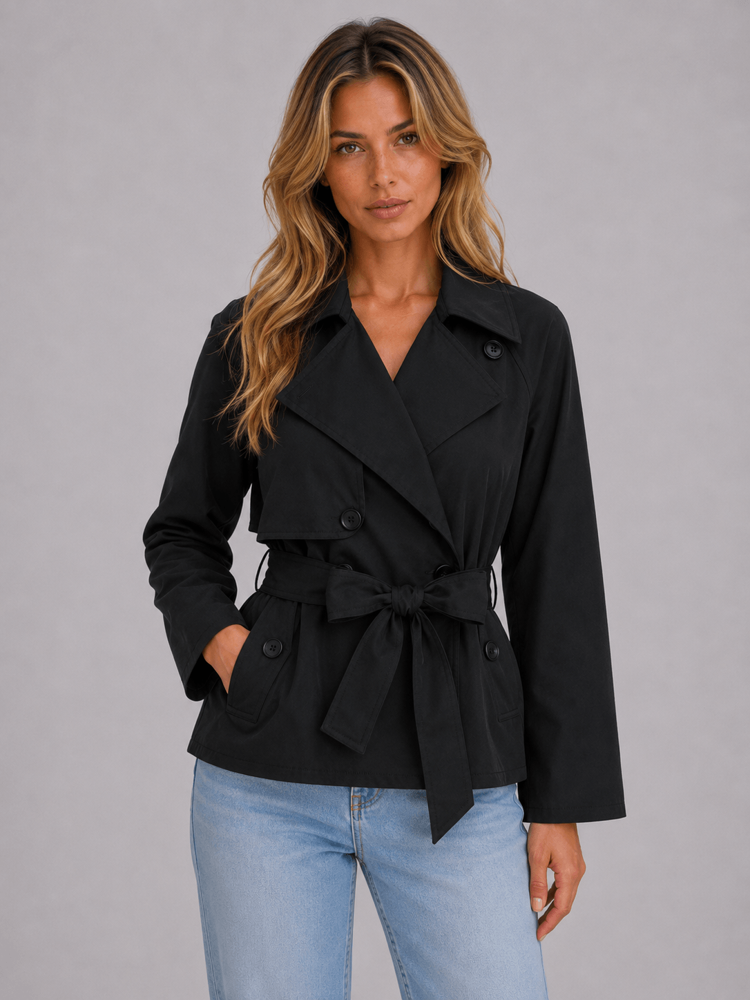 Cropped Double-Breasted Trench Coat with Tie Waist for Women