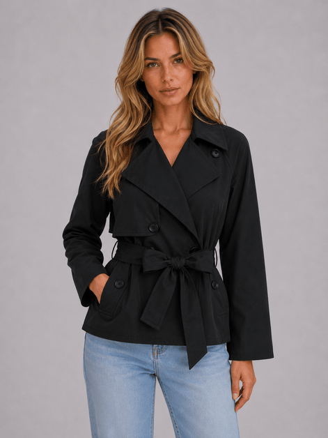 Cropped Double-Breasted Trench Coat with Tie Waist for Women