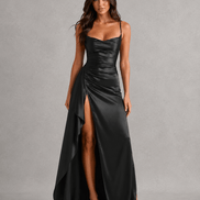 Draped Satin High-Slit Christmas Party Maxi Dress with Ruched Waist