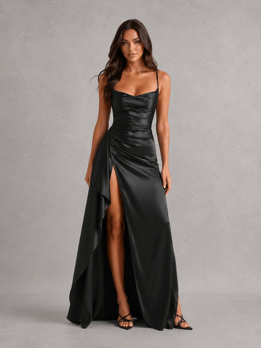 Draped Satin High-Slit Christmas Party Maxi Dress with Ruched Waist