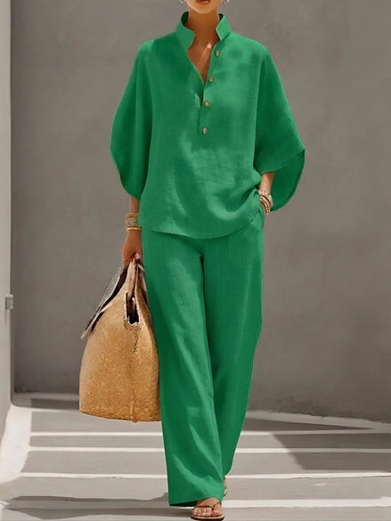 Vienna Collared Wide-Leg Linen Blend Two-Piece Co-ord Set for Women