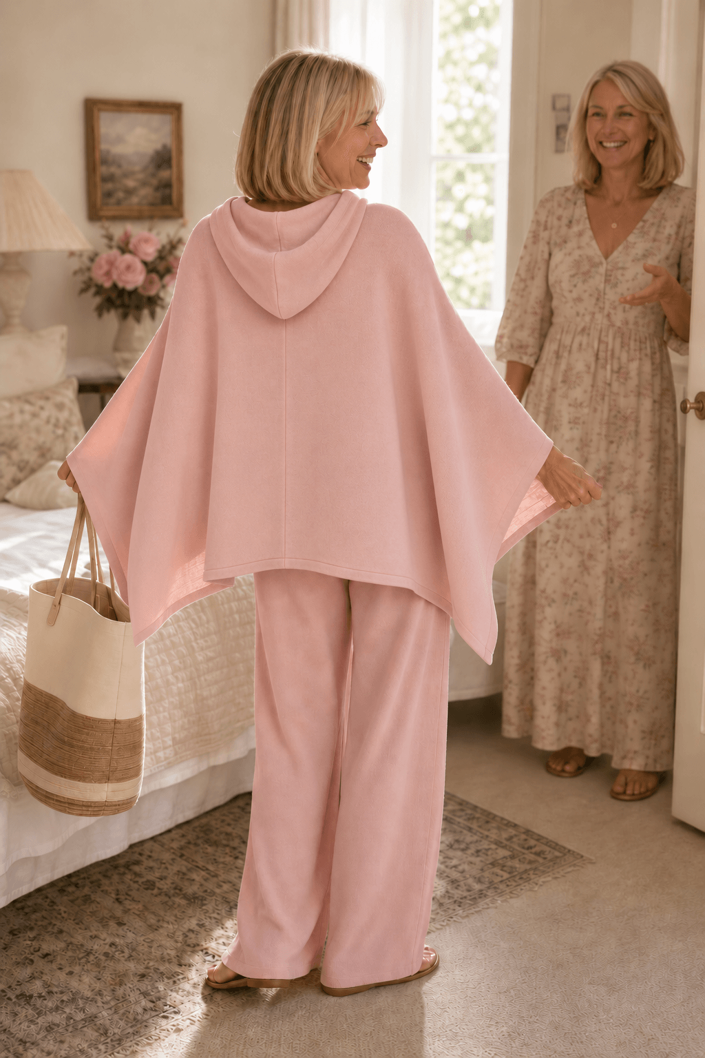 Hooded Cape and Wide-Leg Trouser Loungewear Set for Women