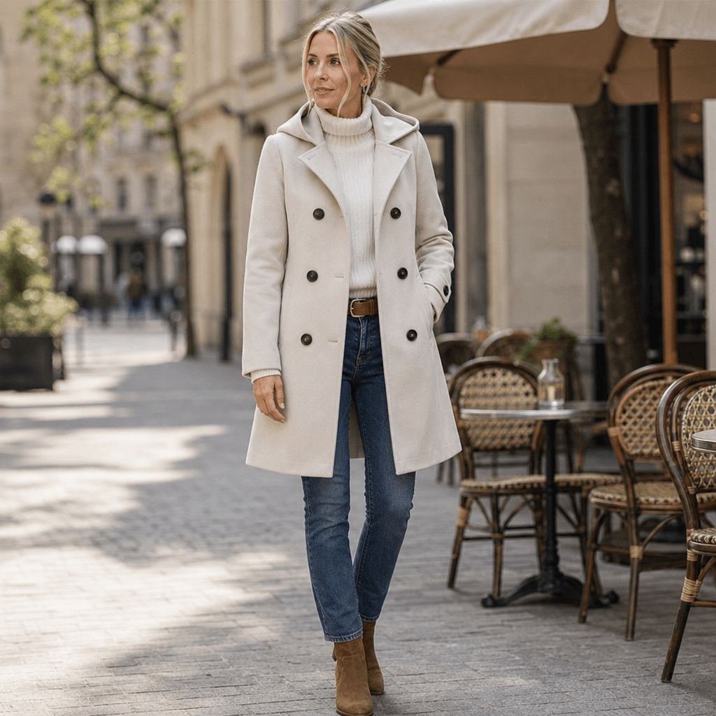 Edwina Women's Double-Breasted Hooded Winter Coat with Wide Collar