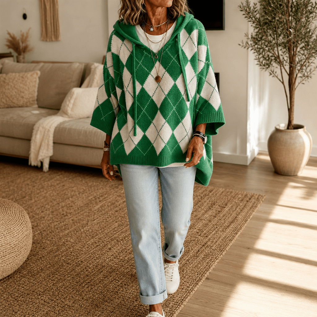 Women's Hooded Argyle Batwing Poncho Knitted Jumper with Relaxed Fit