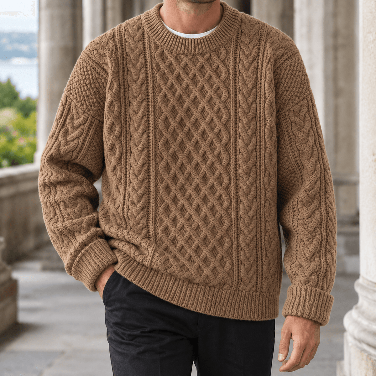 Cable Knit Crew Neck Jumper for Men