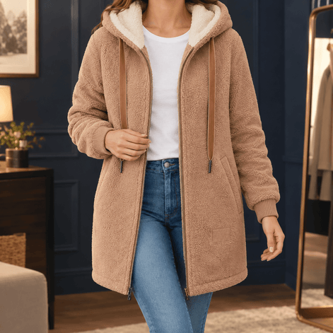 Women's Hooded Sherpa Fleece Longline Coat with Ribbed Cuffs