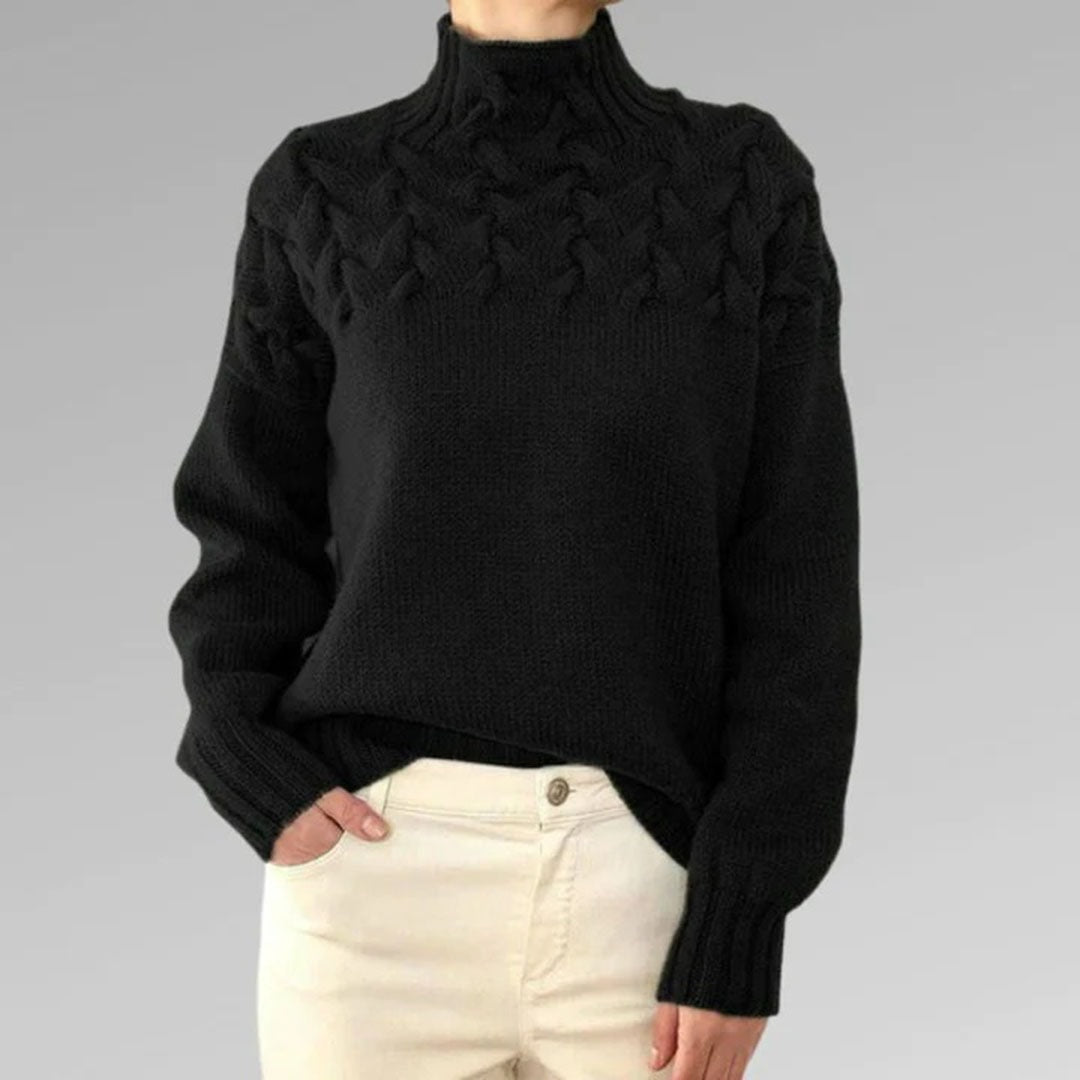 Women's Cable Knit High-Neck Jumper with Textured Yoke and Ribbed Cuffs