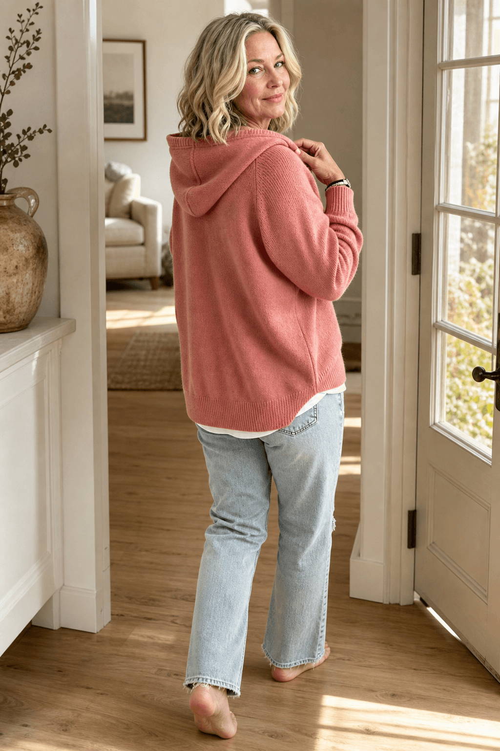Women's Ribbed Hooded Knit Jumper with Drawstring