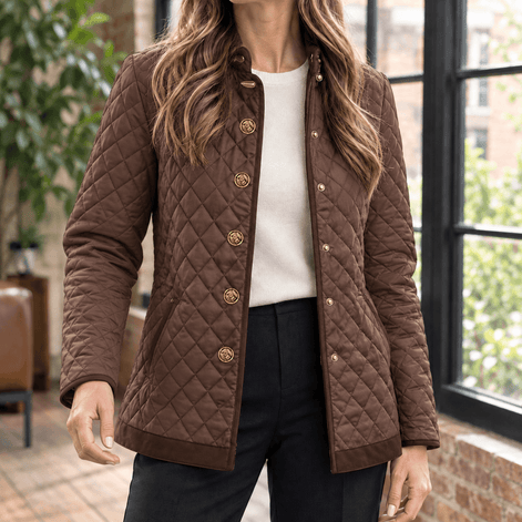 Women's Diamond Quilted Puffer-Style Jacket with Contrast Trim