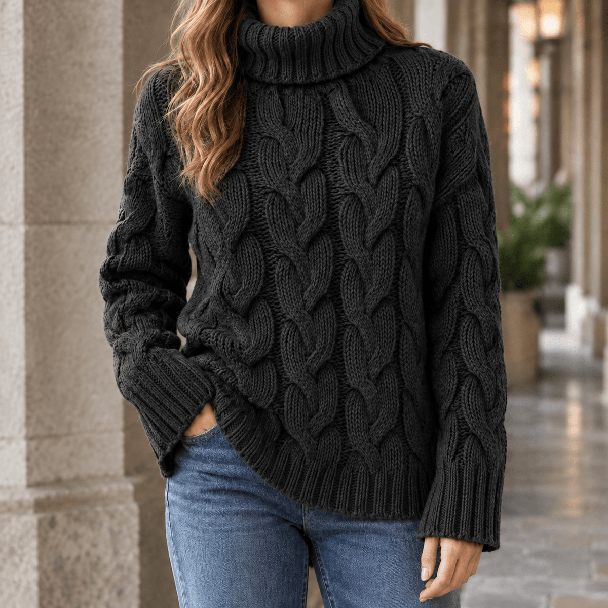 Women's Cable Knitted Turtleneck Jumper with Ribbed Cuffs