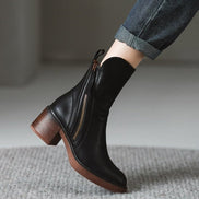 Bellora Leather Ankle Boots with Side Zipper and Stacked Block Heel