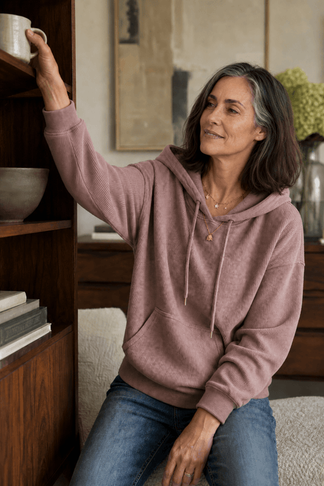 Ribbed Corduroy-Look Hoodie with Front Pocket for Women