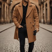 Double-Breasted Wool Blend Overcoat with Wide Notched Lapels