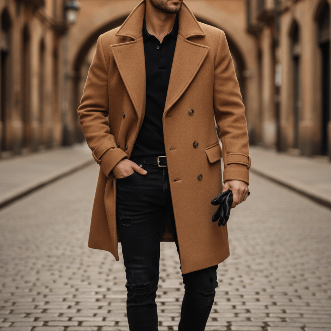 Double-Breasted Wool Blend Overcoat with Wide Notched Lapels