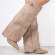 Fold-Over Pointed Toe Knee-High Suede Boots for Women in Winter