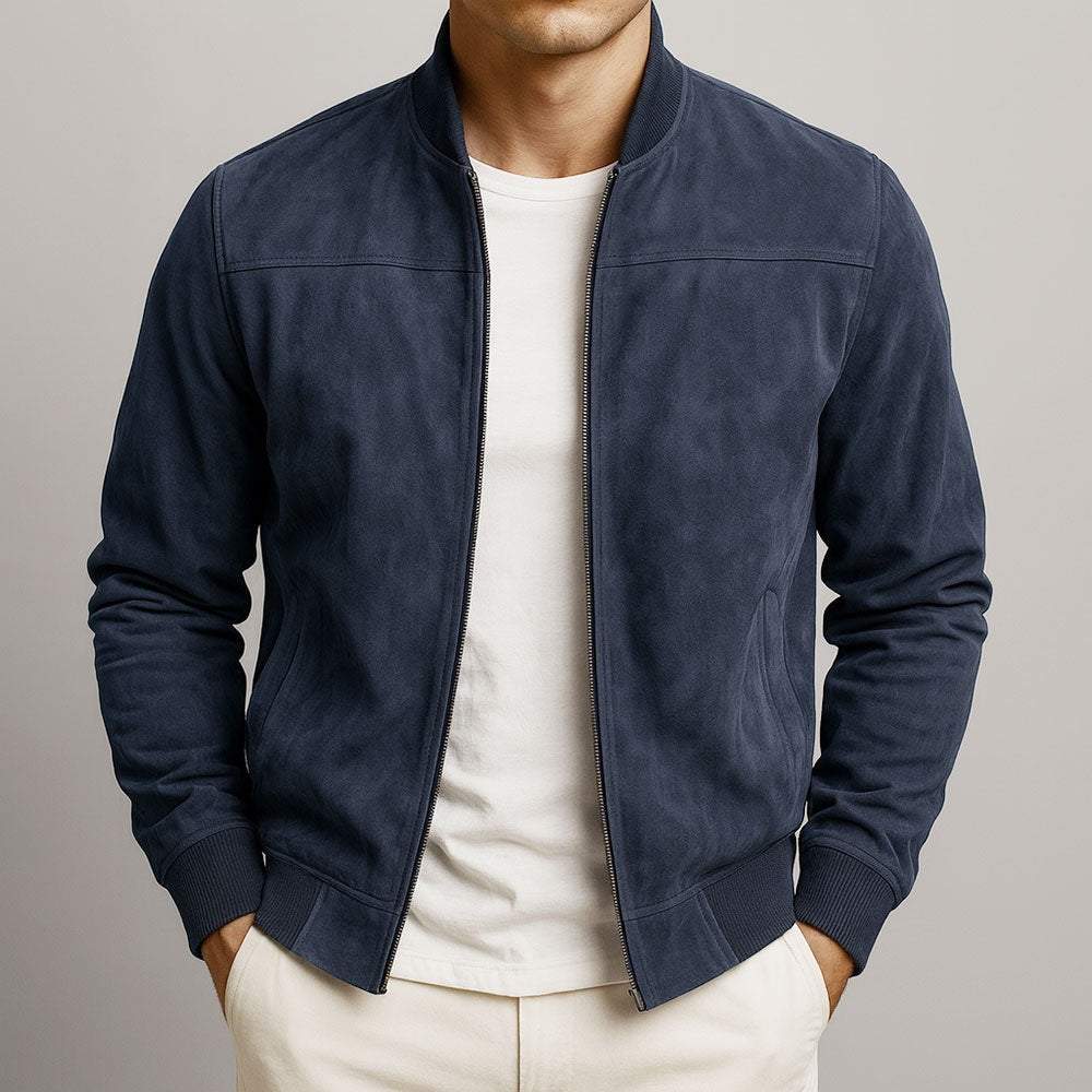 Suede-Textured Bomber Style Jacket for Men with Ribbed Trim