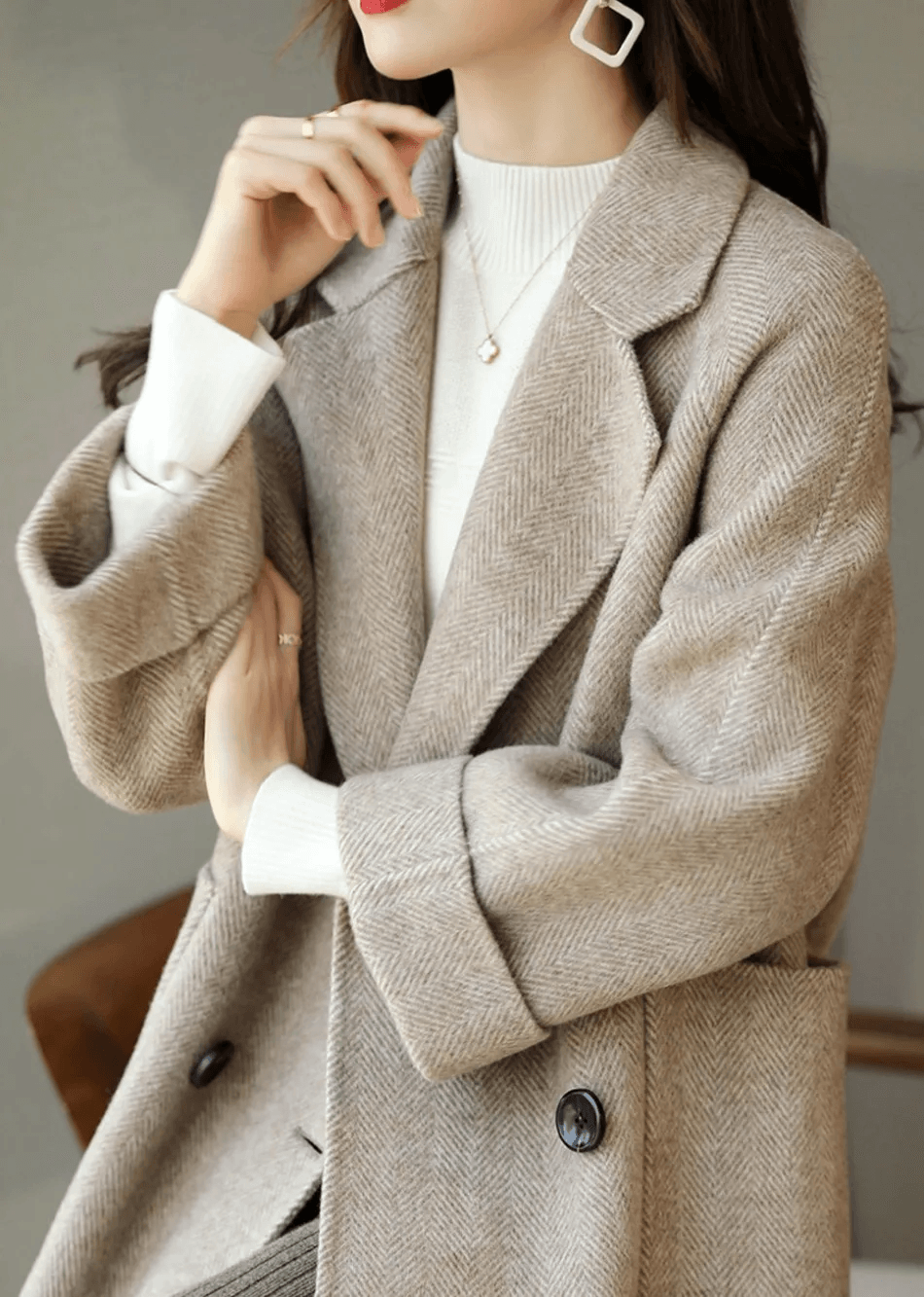 Oihana Women's Double-Breasted Wool-Blend Winter Coat with Self-Tie Belt