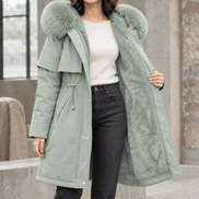 Agnes-Hope Women's Longline Hooded Winter Coat with Faux Fur Trim and Drawcord Waist