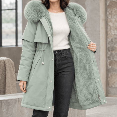 Agnes-Hope Women's Longline Hooded Winter Coat with Faux Fur Trim and Drawcord Waist