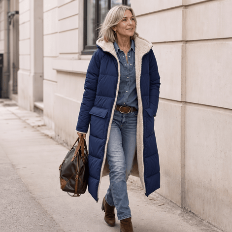 Women's Reversible Quilted Longline Winter Coat with Sherpa Trim