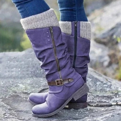 Women's Knee-High Winter Boots with Knit Cuff and Buckle Strap