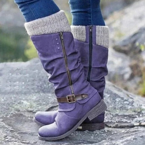 Women's Knee-High Winter Boots with Knit Cuff and Buckle Strap