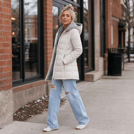 Women's Longline Quilted Puffer Jacket with Hood and Zip Pockets