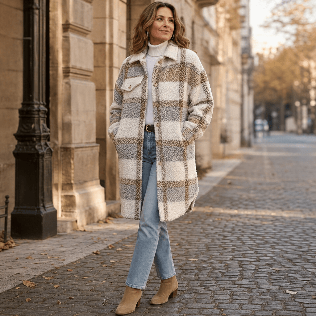 Fairloch Plaid Sherpa-Lined Mid-Length Coat with Button Front