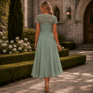 Lace Bodice Chiffon Women's Midi Dress with Ruffle Skirt