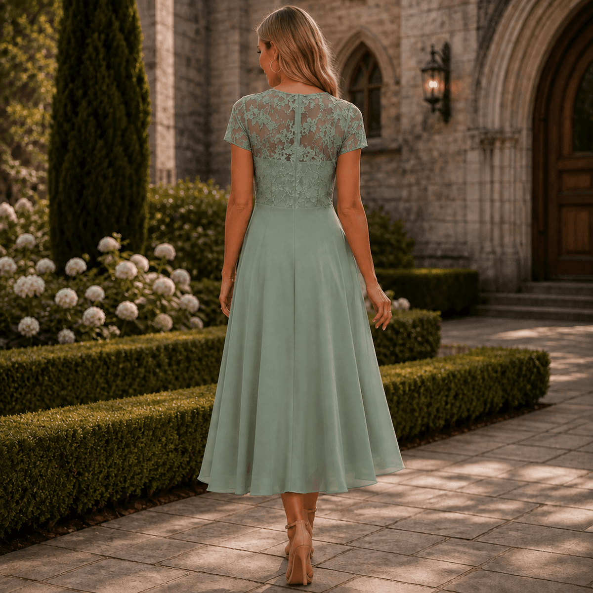 Lace Bodice Chiffon Women's Midi Dress with Ruffle Skirt