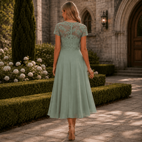 Lace Bodice Chiffon Women's Midi Dress with Ruffle Skirt