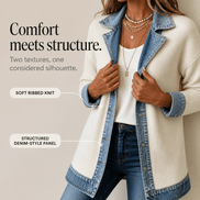 Ribbed Knit Longline Cardigan Coat with Denim Panel Detail