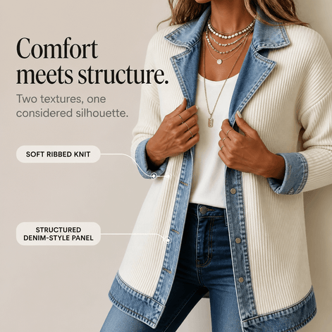 Ribbed Knit Longline Cardigan Coat with Denim Panel Detail