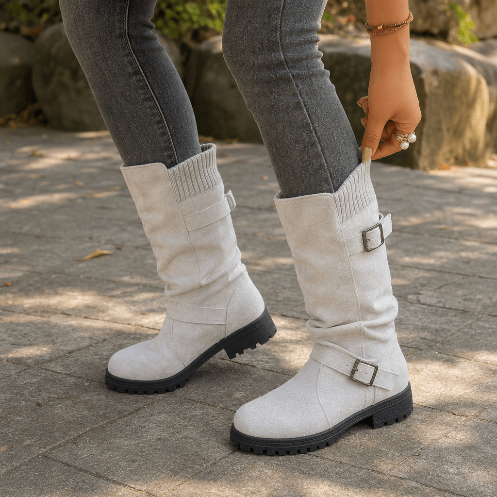 Women's Suede Winter Boots with Ribbed Cuff and Lug Sole