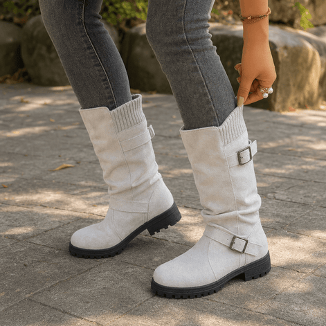 Women's Suede Winter Boots with Ribbed Cuff and Lug Sole
