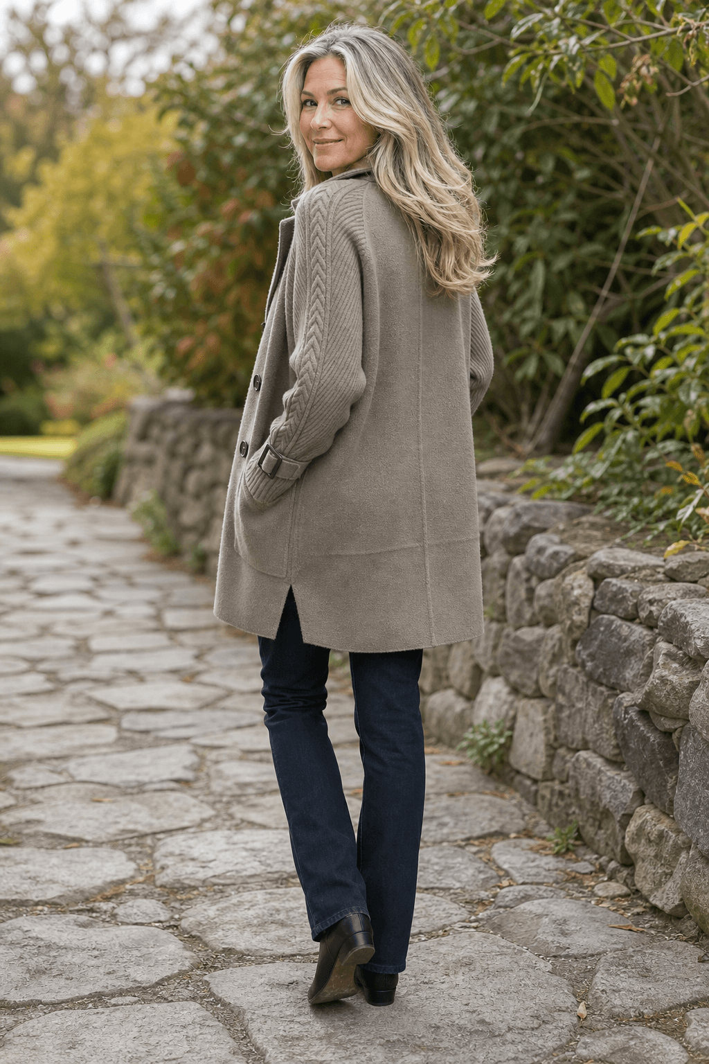 Cable-Knit Sleeve Double-Breasted Longline Coat for Women