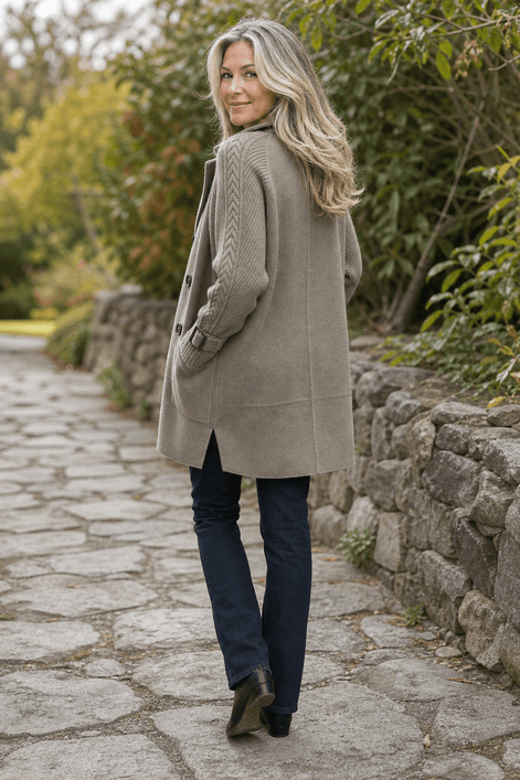 Cable-Knit Sleeve Double-Breasted Longline Coat for Women